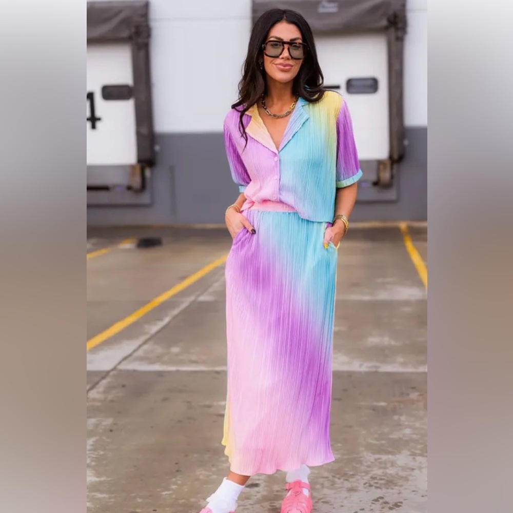 Dressed in Lala, Est La Vie Rainbow Stripe 2 piece shirt and skirt set